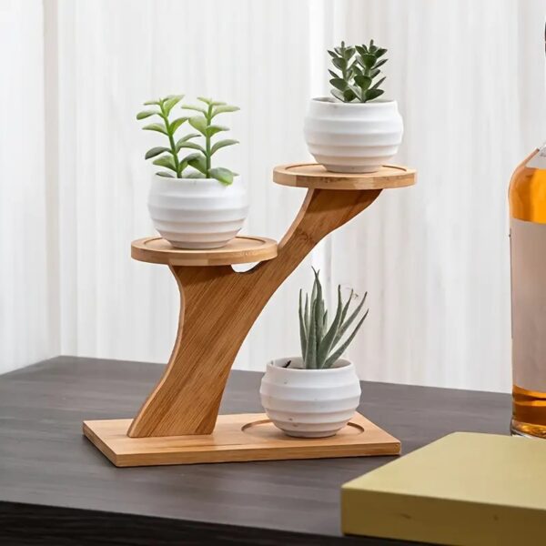 Wo-Tiered Bamboo Plant Stand - Elegant Display Shelf for Small Potted Plants - Round Wooden Base - Image 3