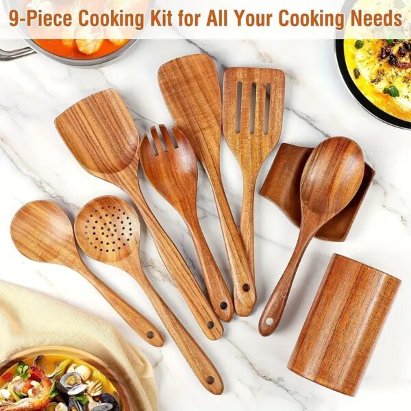 9pcs, Cooking Utensils Set, Kitchen Cooking Tools, Premium Wooden Kitchenware - Image 2