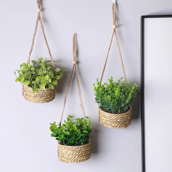 3pcs Artificial Eucalyptus and Rosemary Hanging Planters with Woven Rope Saucers – 10cm/3.94inch Base - Image 2