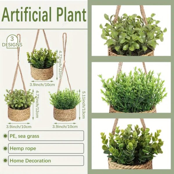 3pcs Artificial Eucalyptus and Rosemary Hanging Planters with Woven Rope Saucers – 10cm/3.94inch Base - Image 3