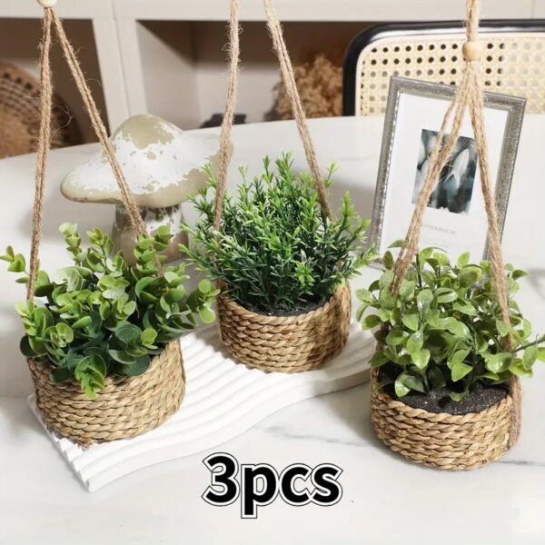 3pcs Artificial Eucalyptus and Rosemary Hanging Planters with Woven Rope Saucers – 10cm/3.94inch Base - Image 4