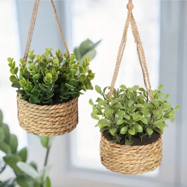 3pcs Artificial Eucalyptus and Rosemary Hanging Planters with Woven Rope Saucers – 10cm/3.94inch Base - Image 5