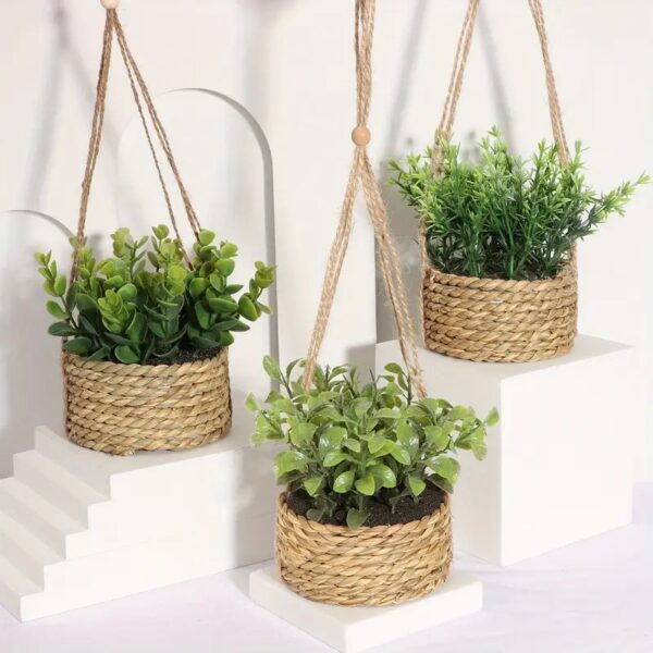 3pcs Artificial Eucalyptus and Rosemary Hanging Planters with Woven Rope Saucers – 10cm/3.94inch Base - Image 6
