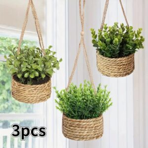 3pcs Artificial Eucalyptus and Rosemary Hanging Planters with Woven Rope Saucers – 10cm/3.94inch Base