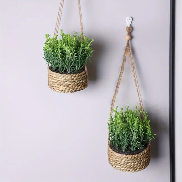 3pcs Artificial Eucalyptus and Rosemary Hanging Planters with Woven Rope Saucers – 10cm/3.94inch Base - Image 8