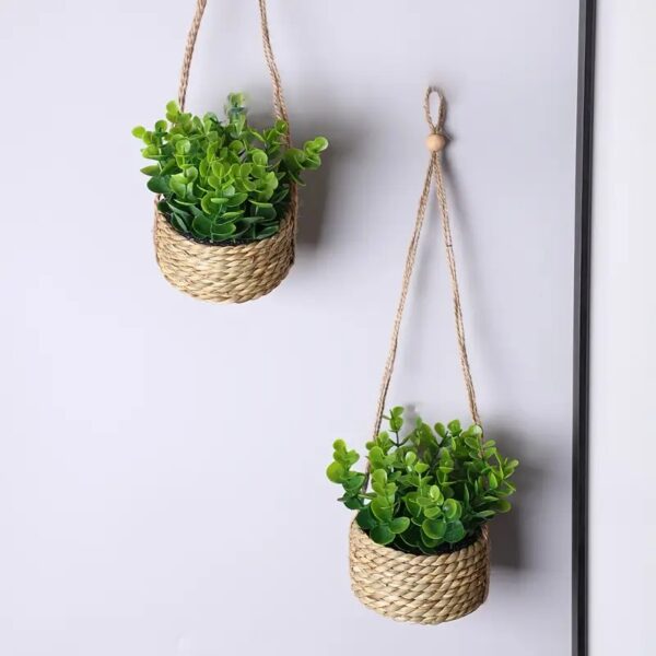 3pcs Artificial Eucalyptus and Rosemary Hanging Planters with Woven Rope Saucers – 10cm/3.94inch Base - Image 9